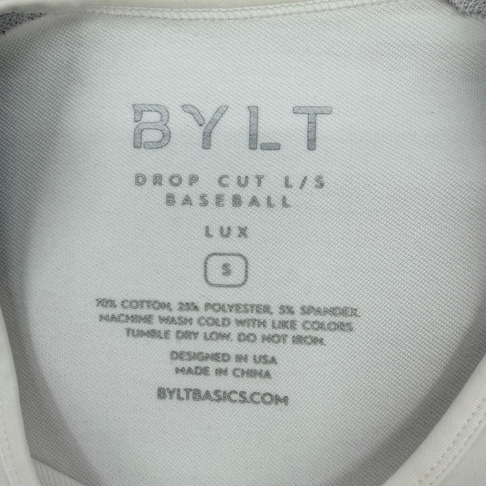 BYLT Drop Cut LS Baseball Lux Shirt Mens Small White Grey Raglan Long Sleeve Tee - Picture 5 of 8